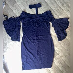 VENUS Navy Long Sleeve Off-Shoulder Dress